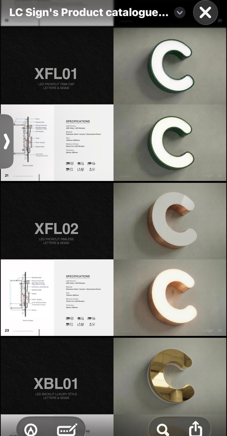LC Signs product catalog showing three LED letter signs: XFL01 in white, XFL02 in copper, and XBL01 in gold with specifications