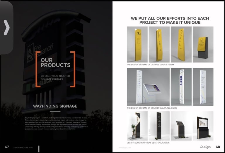 Two-page spread showing wayfinding signage design on left and product display variations on right, including gold and black vertical signs and interactive kiosks