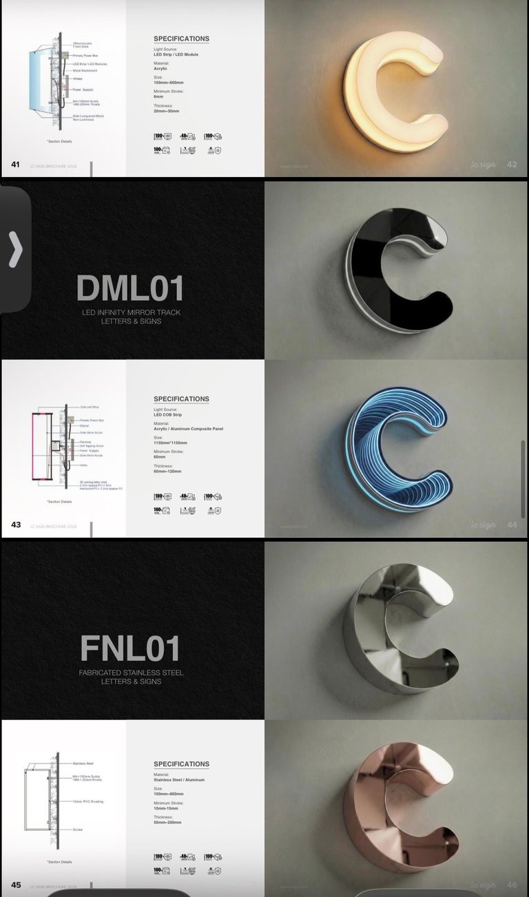 Product catalog page showing illuminated LED letter C designs in multiple finishes and styles with specifications and installation diagrams