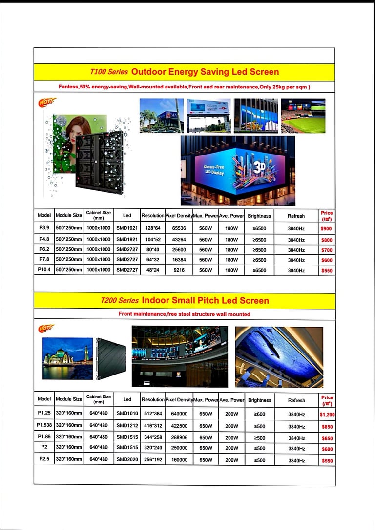 Specification comparison chart for T100 Series outdoor and T200 Series indoor LED screens with technical specs and sample images