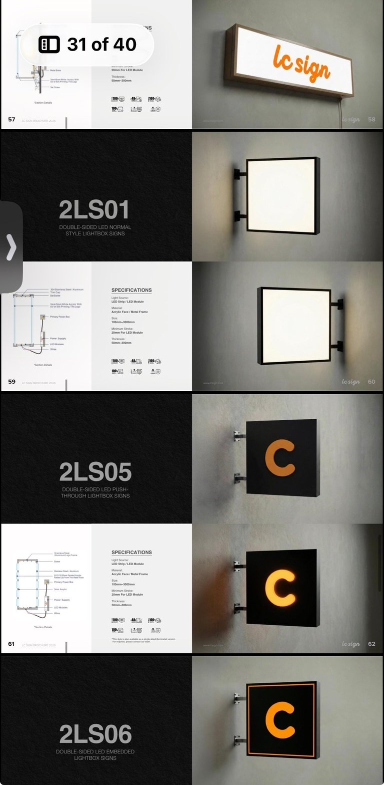 Collage of LED sign designs and specifications showing illuminated sign models including rectangular and square formats mounted on walls