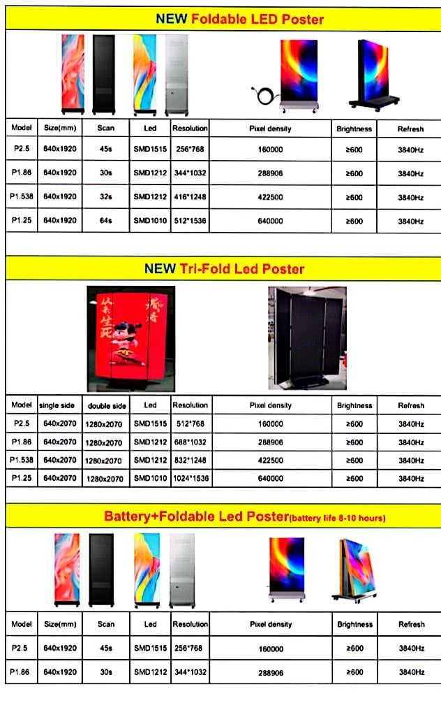 Product specifications table for LED poster displays showing foldable, tri-fold, and battery-powered models with technical specifications