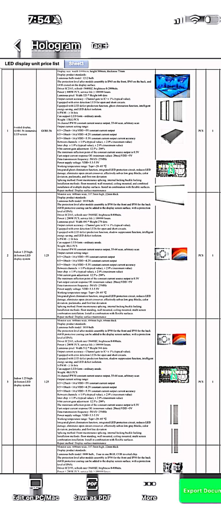 LED display unit price list document showing hologram product specifications with technical details and images