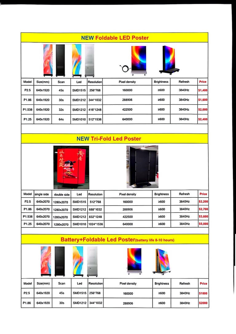 LED poster product catalog showing foldable, tri-fold, and battery-powered models with specifications and pricing