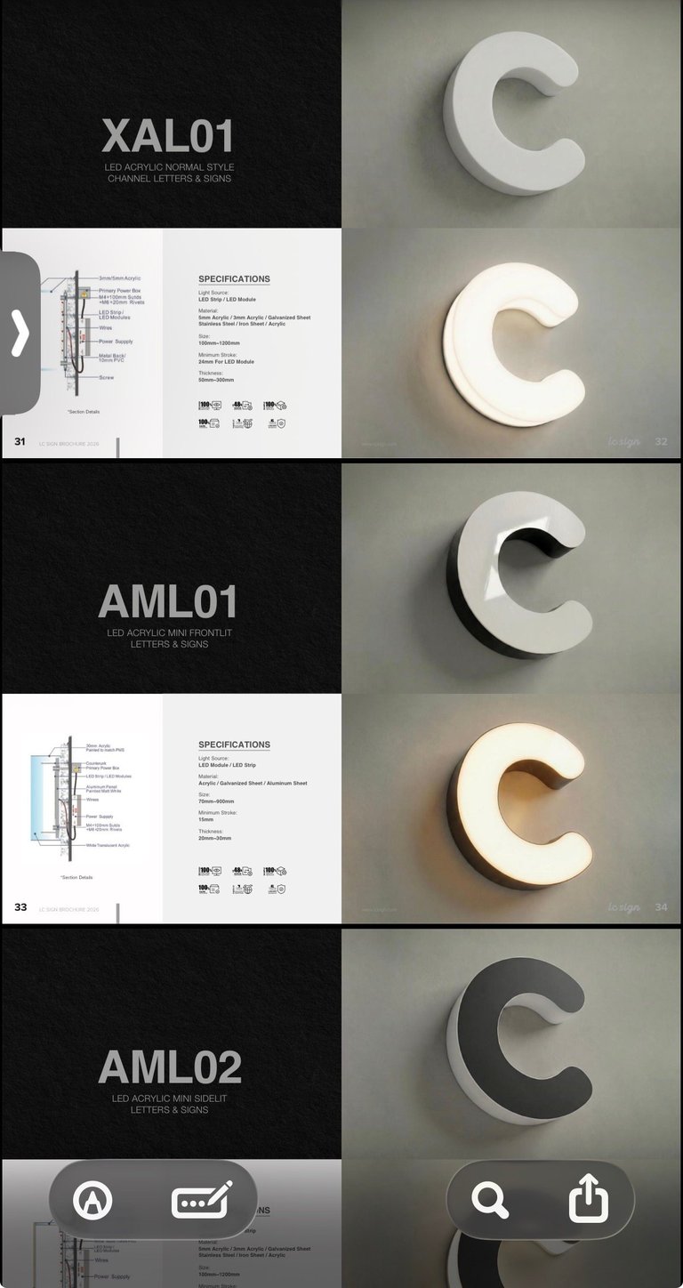 Catalog page showing LED acrylic letter C signage in three models: XAL01, AML01, and AML02, with specifications and illuminated examples